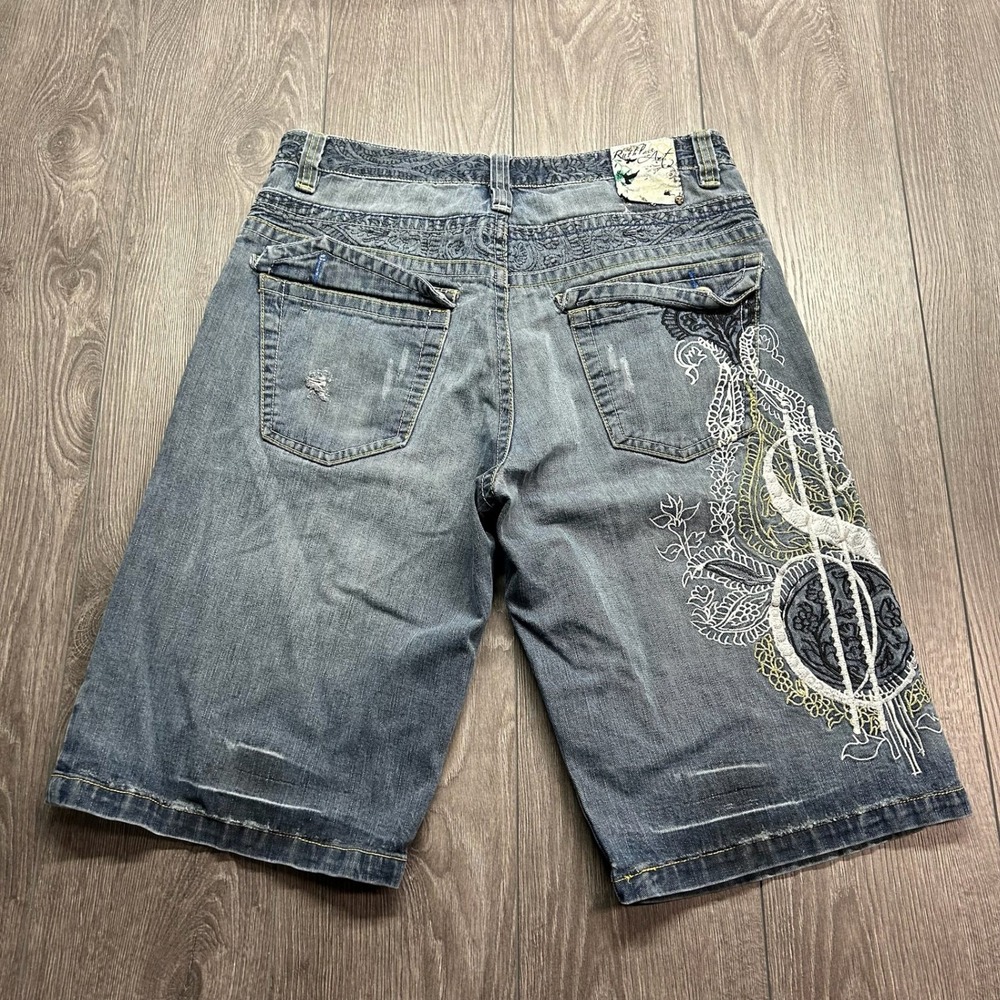 Ruthless Art Mens Embroidered Denim Shorts Blue Y2K Paisley Distressed Size 34